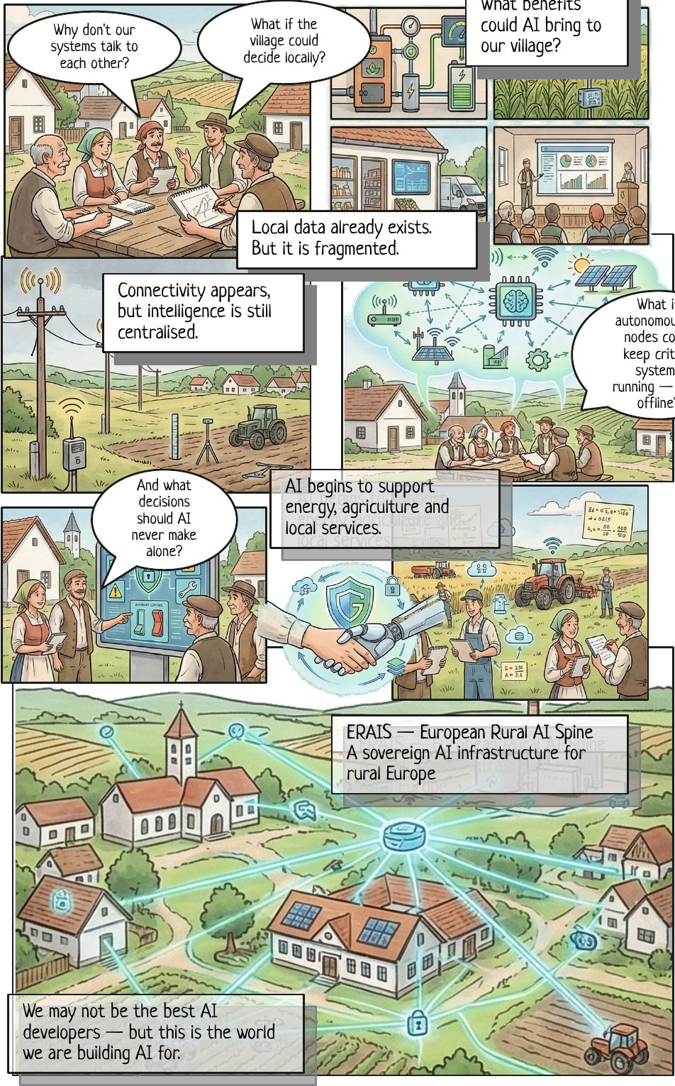 Comic: villagers in Tarnabod ask why their systems don't talk to each other; local AI nodes begin to support energy, agriculture and local services