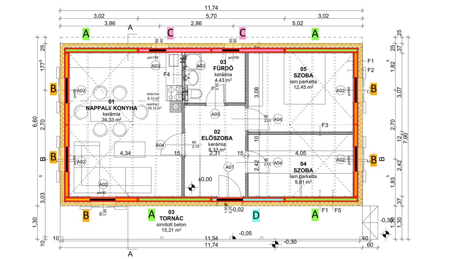 A 60 m²-es típusterv alaprajza a paneltípusok jelölésével