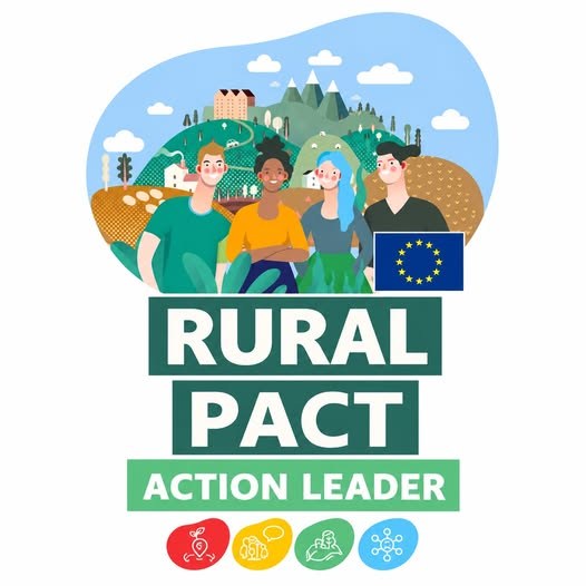 Rural Pact Action Leader illusztráció: négy fiatal vidéki táj előtt, EU-zászlóval