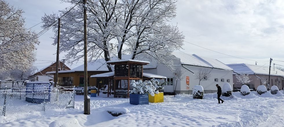 A bolt és a kávézó épülete télen